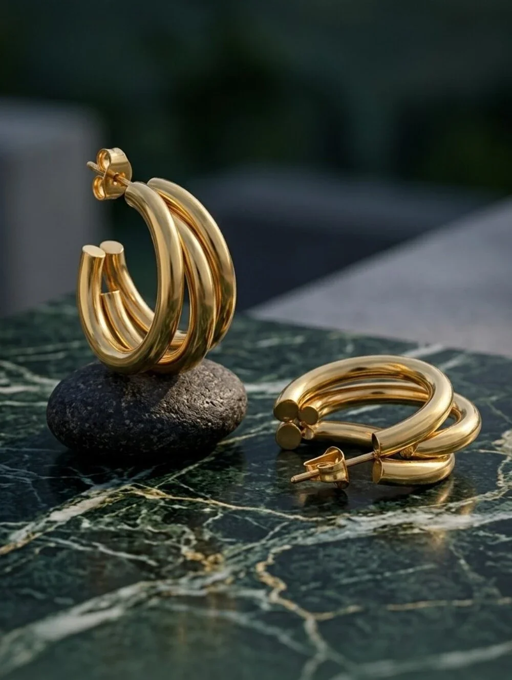 18K Gold Plated Chunky Triple Hoop Earrings Sculptural Clean Girl 0.8